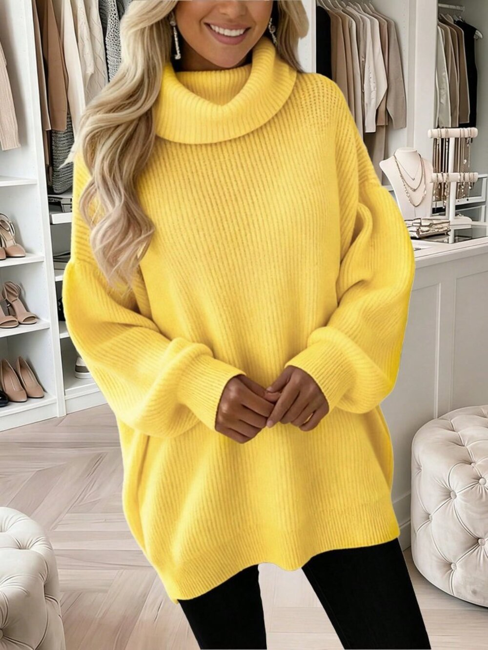 Yellow Casual Women's Minimalist Knit Turtleneck Sweater